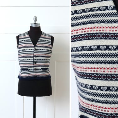 mens vintage 1950s waistcoat • knit patterned wool & cotton belted back vest 
