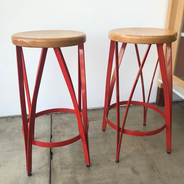 Pair Stools with Sculptural Steel Base
