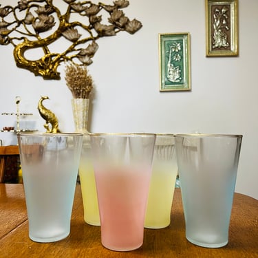 Mid Century Glass Set Colorful Libby Pink Blue Yellow 