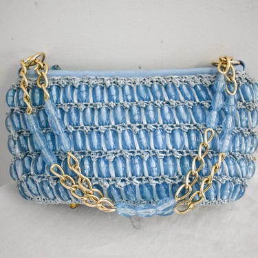 1960s Gaymode Light Blue Bead and Raffia Shoulder Bag 