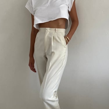 Ivory linen high waisted pleated Women Trousers