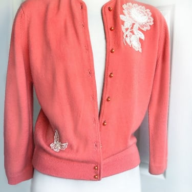 1950's Peach Beaded Vintage Cardigan Sweater Butterfly Flower Lace Soft Orange Sherbet Soft Pastel Acrylic 