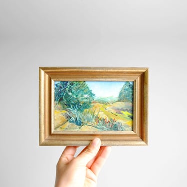 Vintage Tiny Landscape Oil Painting of Mountains and Trees 