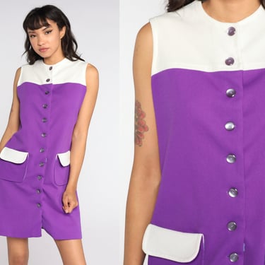 Mod Mini Dress 60s Shift Purple Color Block Dress Button Up Dress 70s Gogo Sleeveless Seventies 1970s Vintage Sixties Twiggy White Medium 