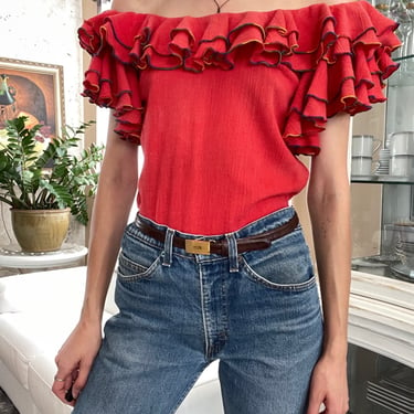 Ruffled Vintage Off Shoulder Blouse / 1970's Red Ruffle Blouse / Square-dance Shirt / Tunic Blouse / Puffy Sleeves 