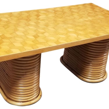 Restored Rattan Cube Pattern Coffee Table Top with Stacked Pedestal Legs 
