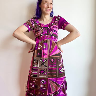 60’s Emilio Pucci Filene’s French Shops Purple Brown Pink Psychedelic Geometric Print Short Sleeve Dress