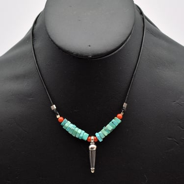 70's turquoise coral sterling leather rocker necklace, Southwestern hippie 925 silver & stone bib 