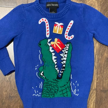 Kids Christmas Sweater Size 2T Blue Toddler Alligator Pullover Ugly Christmas Sweater, Holiday Sweater, Winter Ski Sweater 
