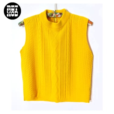 Cute Vintage 60s 70s Bright Yellow Cable Knit Sleeveless Top with Mockneck 