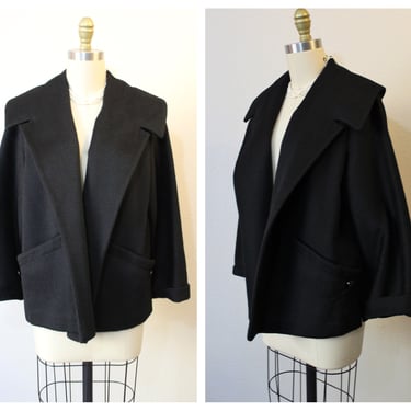 Vintage 50s Black wool Swing coat Bell Cuffed Sleeves Clutch Coat Short Jacket Designer Amdur De Marco Los Angeles // One Size 