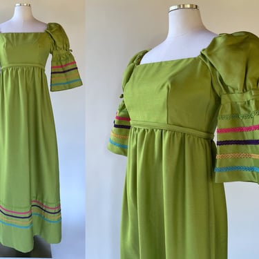 Size S Vintage Late 1960's - 1970's 'Lorrie Deb' Union Made ILGWU Green w Ribbon Embroidery Bell Sleeve Puffy Shoulder Maxi Hostess Dress 