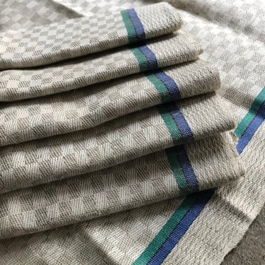 French Linen Weave Tea Towel, Blue Green Stripe, Torchon French Cuisine, Unused, Sold by Each 