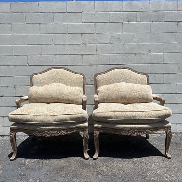 Pair of Chairs French Armchairs Sheraton French Provincial Neoclassical Wood Shabby Chic Hollywood Regency Seating Carved Wood Vintage 