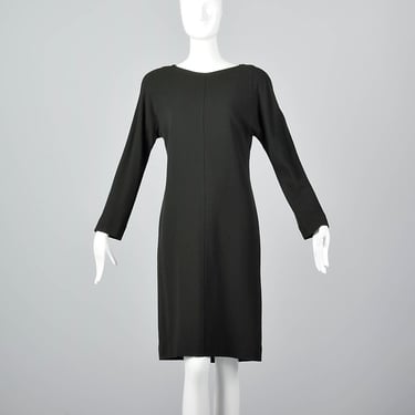 XS 1980s Jean Muir Simple Winter Dress Long Sleeve Wool Dress Modest Green Crepe Classic Shift Dress Wear to Work 