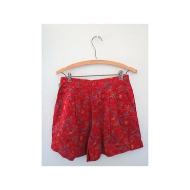 Vintage Floral Shorts - 90s Red Flower Print Denim Short - Cotton Jean Shorts - Size Small / Medium 