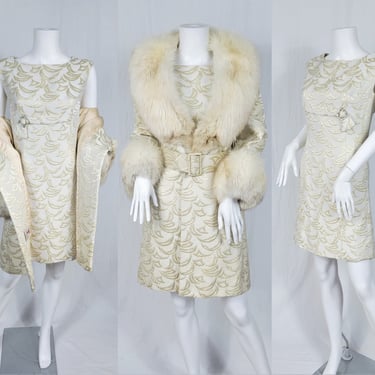1960's White Brocade 2Pc Mini Dress Fox Fur Coat Set I Sz Med I Maggi by Ann Bloom 