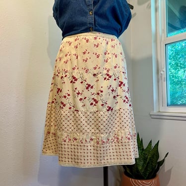 Vintage Silk Cotton Cream Cottage Floral Lace Trim Knee Length Skirt Size 14 