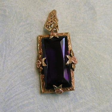 Antique 1940's 10K Gold and Amethyst Glass Pendant, 10K Gold and Rose Gold Pendant, 1940's 10K Gold Pendant (#4345) 