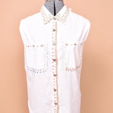 Deadstock Sleeveless Embroidered Button-Up By Pret'E, XL