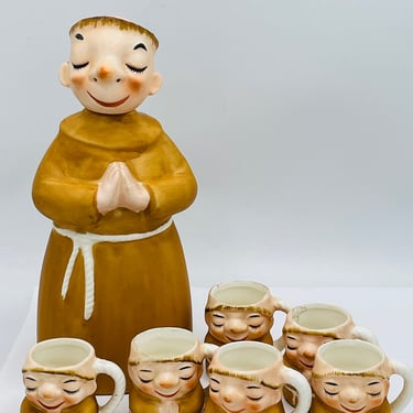 Vintage Lefton Whimsical Praying Friar Tuck Monk Decanter & 6 Cups 