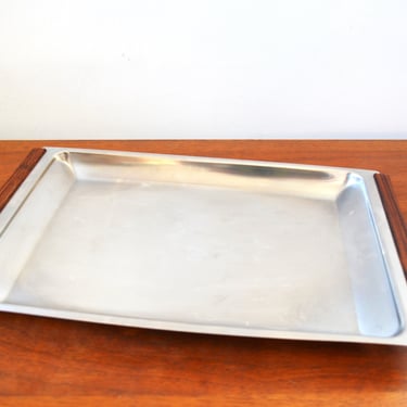 Vintage Mid Century Modern Stainless Serving Tray with Wood Handles by Kalmar, Made in Denmark 