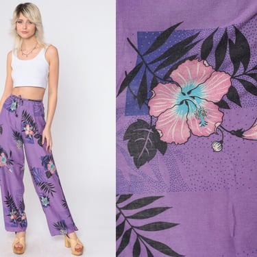 Hawaiian Floral Pants Tropical Wrap Trousers 90s Side Slit Wide Leg Pants High Waist Pants Purple Hibiscus Bird Vintage Small Medium xs 