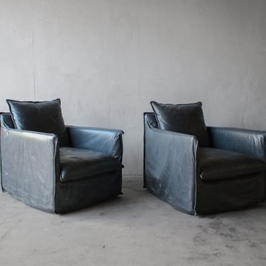Pair of Italian Leather Swivel Lounge Chairs 