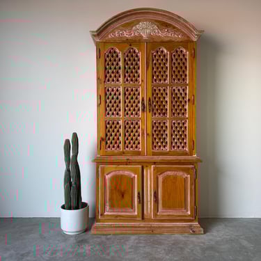 Vintage Chapman Pine French Country-Style Lattice Cupboard Bookcase Cabinet 