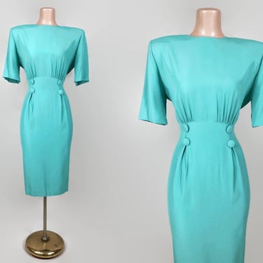 VINTAGE 80s Curvy Turquoise Bombshell Power Dress by Hearts Sz 6 | 1980s Sexy Classy Wiggle Office Dress | Bold Shoulders | vfg 