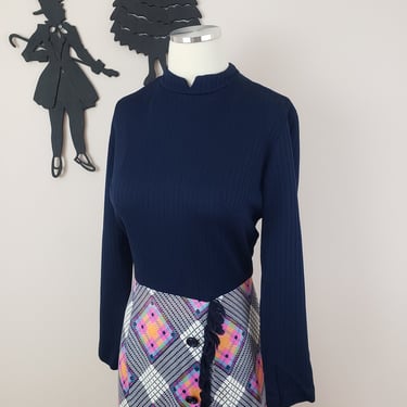Vintage 1960's Mod Geometric Dress / 70s Polyester Maxi Day Dress M 