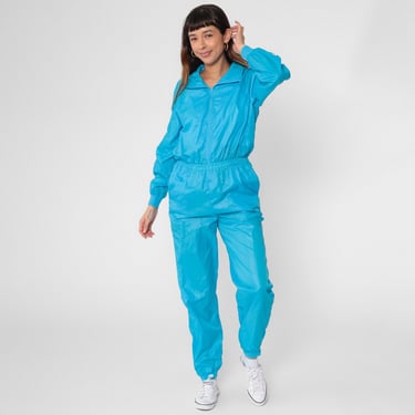 Vintage Nike Tracksuit Jumpsuit 80s Bright Blue Windbreaker One Piece Nylon Zip Up Romper Track Suit 1980s Athletic Retro Sporty Medium M 
