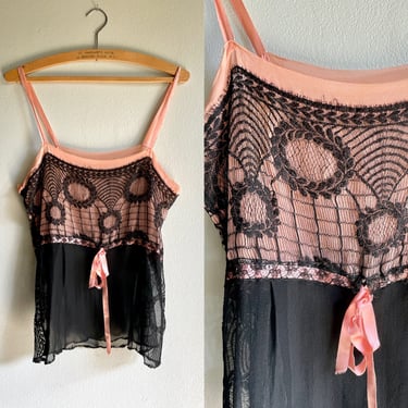 Vintage 1920s - 1930s Sheer Art Deco Silk Camisole with lace overlay Lingerie Top Chemise 