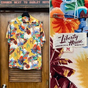 Vintage 1950’s Original Frank McIntosh Hula Girl Crepe Tiki Hawaiian Shirt, Liberty House Label, 50’s Loop Collar, Vintage Clothing 