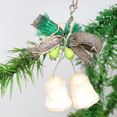 Antique 1940's German Spun Cotton Bells Ornament, with Ribbon Bow,  Vintage Christmas Holiday Decor 