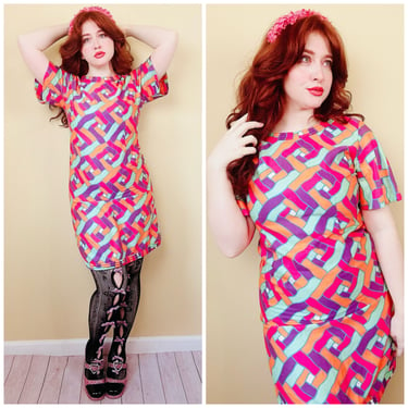 1960s Vintage Park East by Swirl Cotton Shift Dress / 60s / Sixties Pink and Purple Mod Geometric Dress / Size Large 