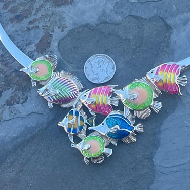 Kabana ~ Vintage Sterling Silver and Colorful Enamel Tropical Reef Fish Choker Necklace 