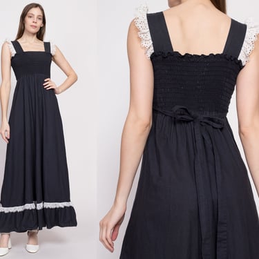 70s Boho Black & White Smocked Maxi Dress - Extra Small | Vintage Lace Trim A Line Long Sundress 