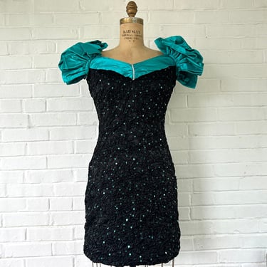 1980's Turquoise and Black Sequin Party Dress 