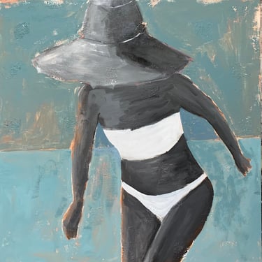 Beach Girl, seascape, beach house decor, woman with large hat and bikini, hand painted, original art, unique art, 36x 36 