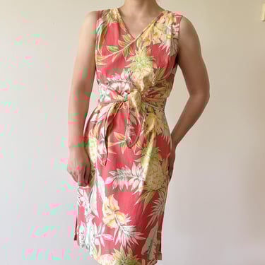 vintage silk dress floral dress wrap dress Tommy Bahama dress pineapple tropical vacation beach midi dress size S/M 