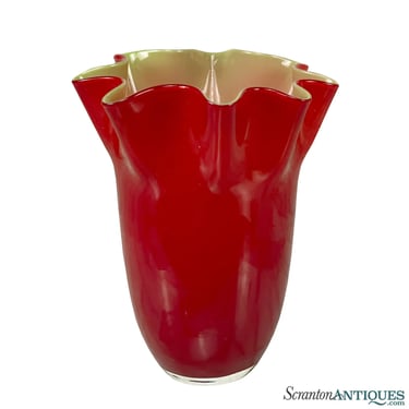 Vintage Italian Art Glass Red Ruffled Vase