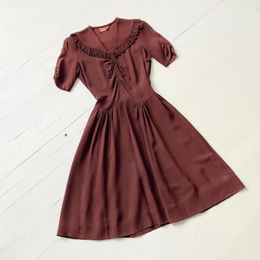 1940s Brown Rayon Loop Fringe Dress 