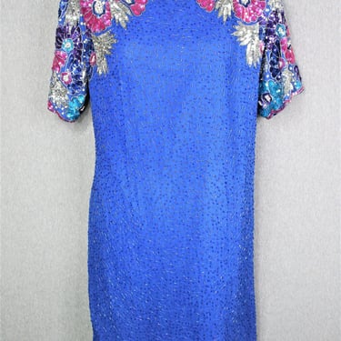1980-90's - Blue Beaded Sequin- Cocktail Dress -Mardi Gras -  by Stenay - Marked size 20 