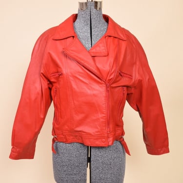 Red 80s Cropped Leather Moto Jacket By G-III Leather