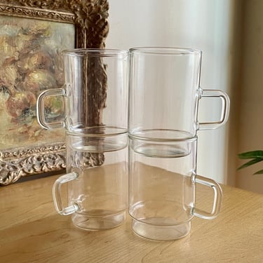 Rare Bauhaus 1950s Stacking Glasses Set 4 Saale Glas GDR Feuer-Fest Tempered East Germany Vintage Mid-Century Tea Coffee Drinking Cup 