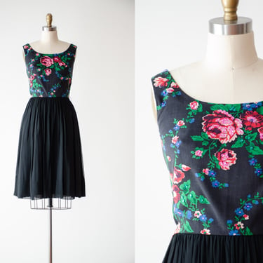 black chiffon dress | 50s 60s vintage Gay Gibson pink floral sequined knee length fit and flare dress 