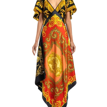 Morphew Collection Red, Gold  Black Status Print Silk Versace 3-Scarf Dress 