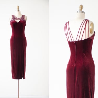 red velvet dress | 80s 90s vintage burgundy glamorous low back sheer mesh cutout tight stretchy velvet gown 