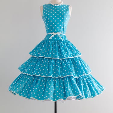 Fabulous 1950's Turquoise Polka Dot Cotton Summer Dress / Small